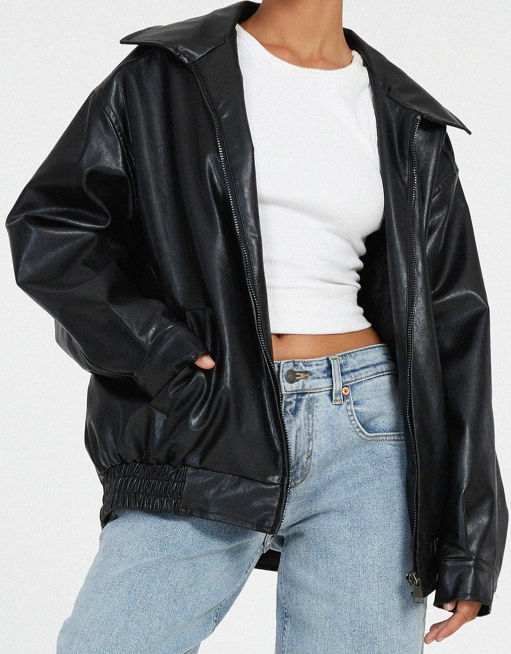 Oversized Faux Leather Jacket with Loose Cut