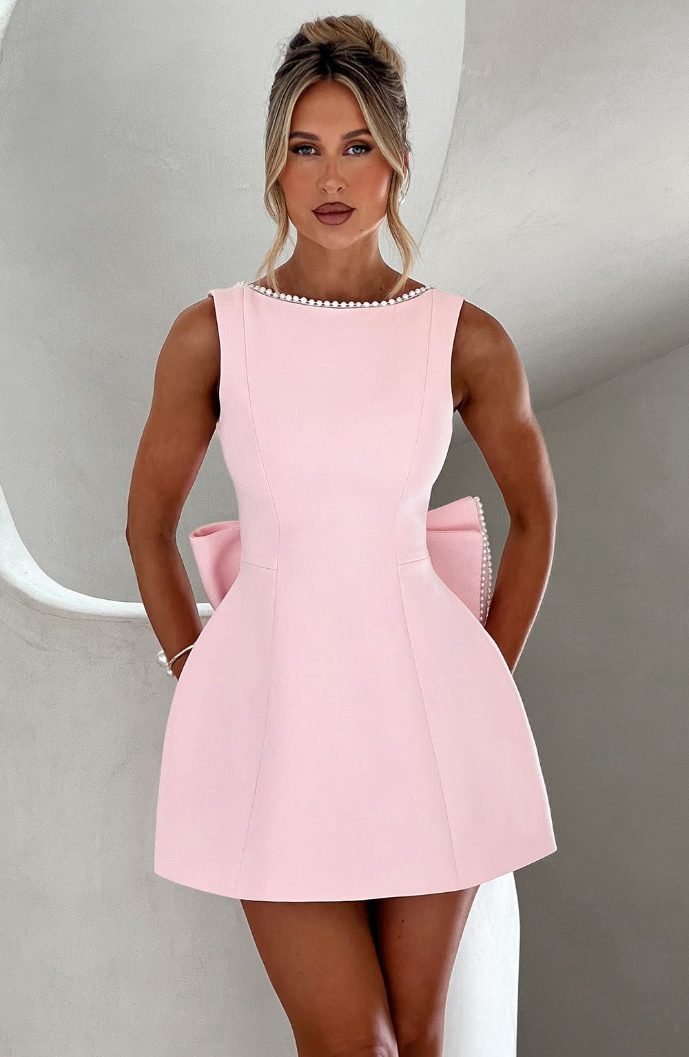 A-Line Mini Dress with Pearl Trim and Back Bow
