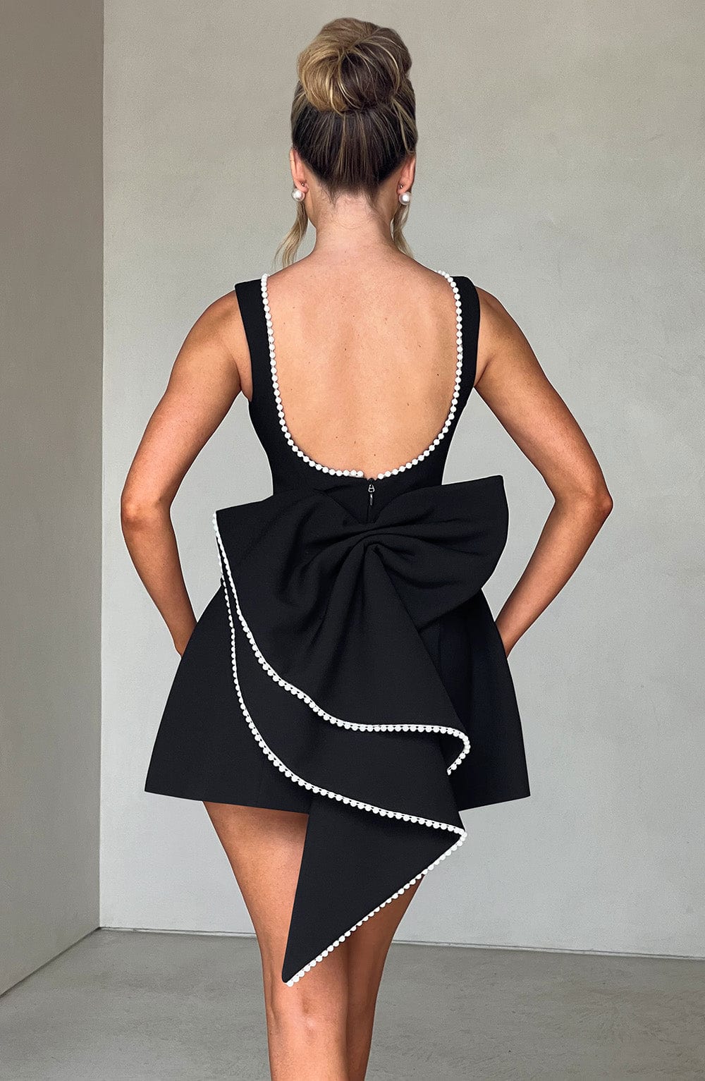 A-Line Mini Dress with Pearl Trim and Back Bow