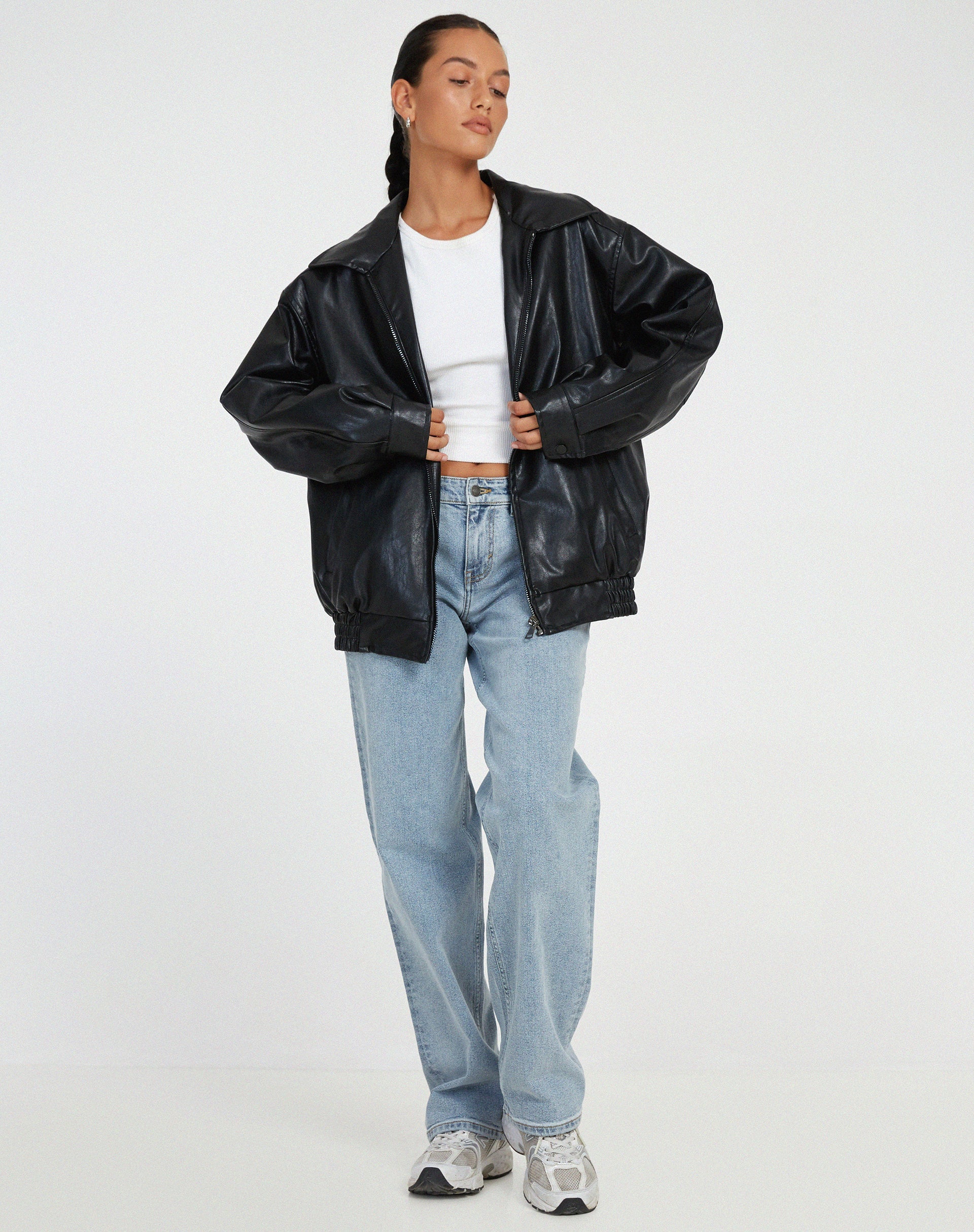 Oversized Faux Leather Jacket with Loose Cut
