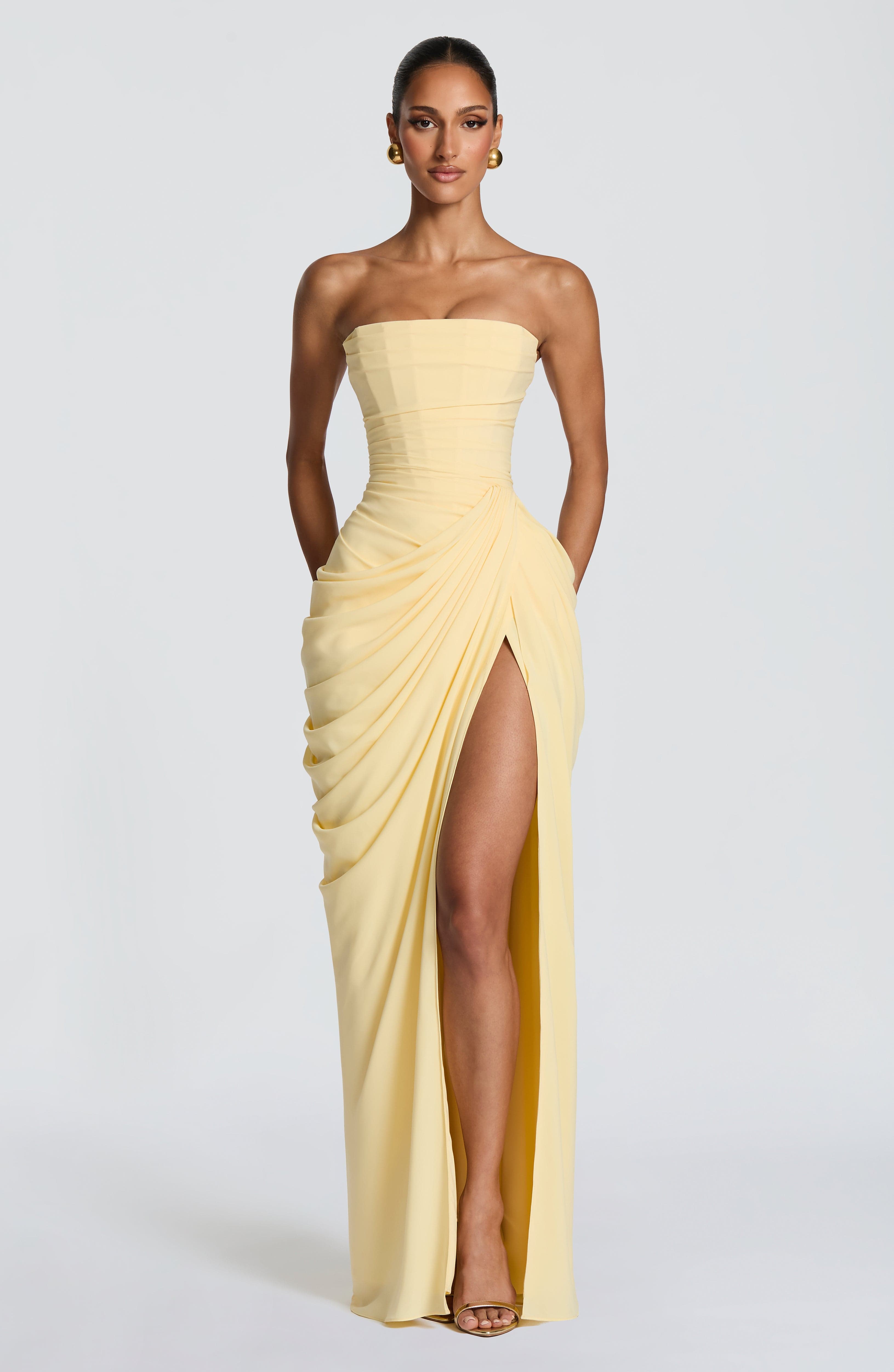 Strapless Maxi Dress with Ruched Waist and Side Slit