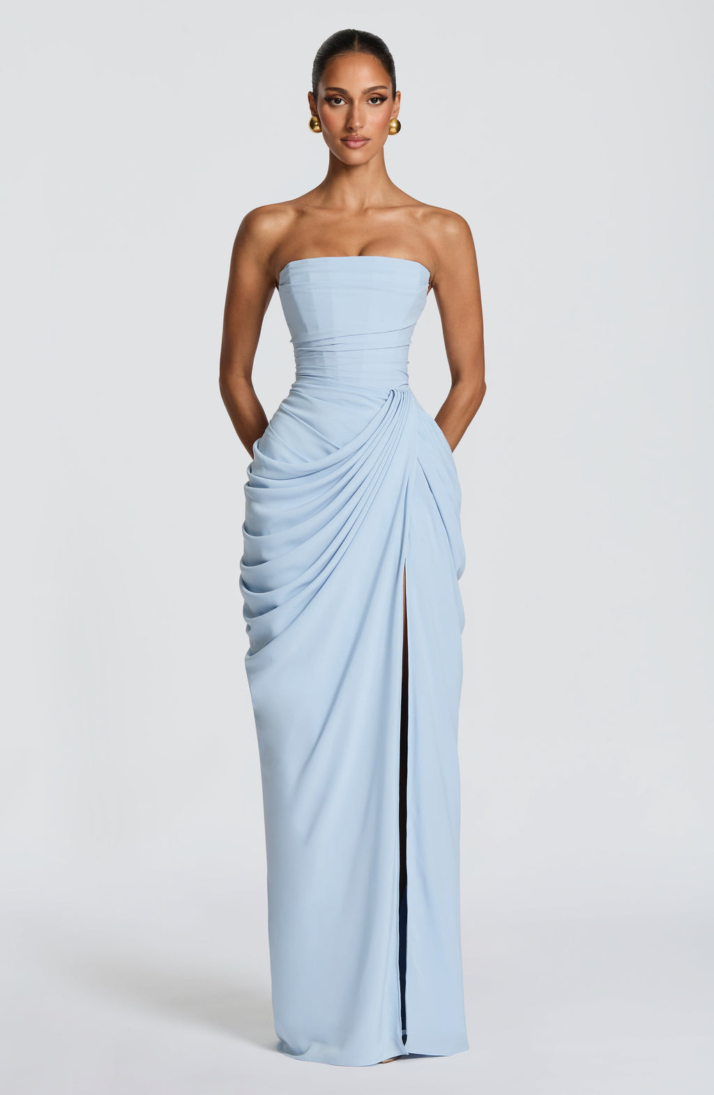 Strapless Maxi Dress with Ruched Waist and Side Slit