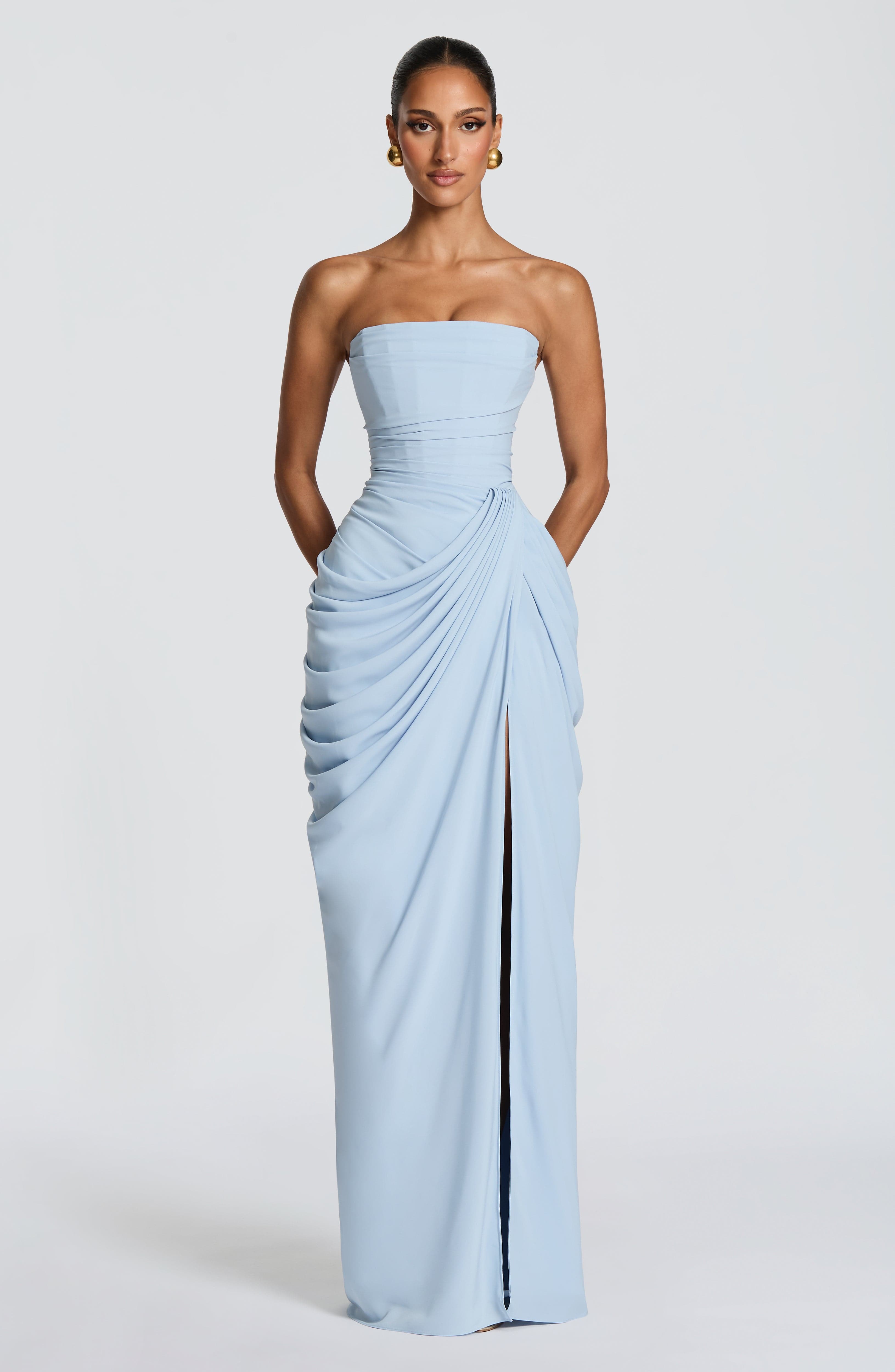 Strapless Maxi Dress with Ruched Waist and Side Slit