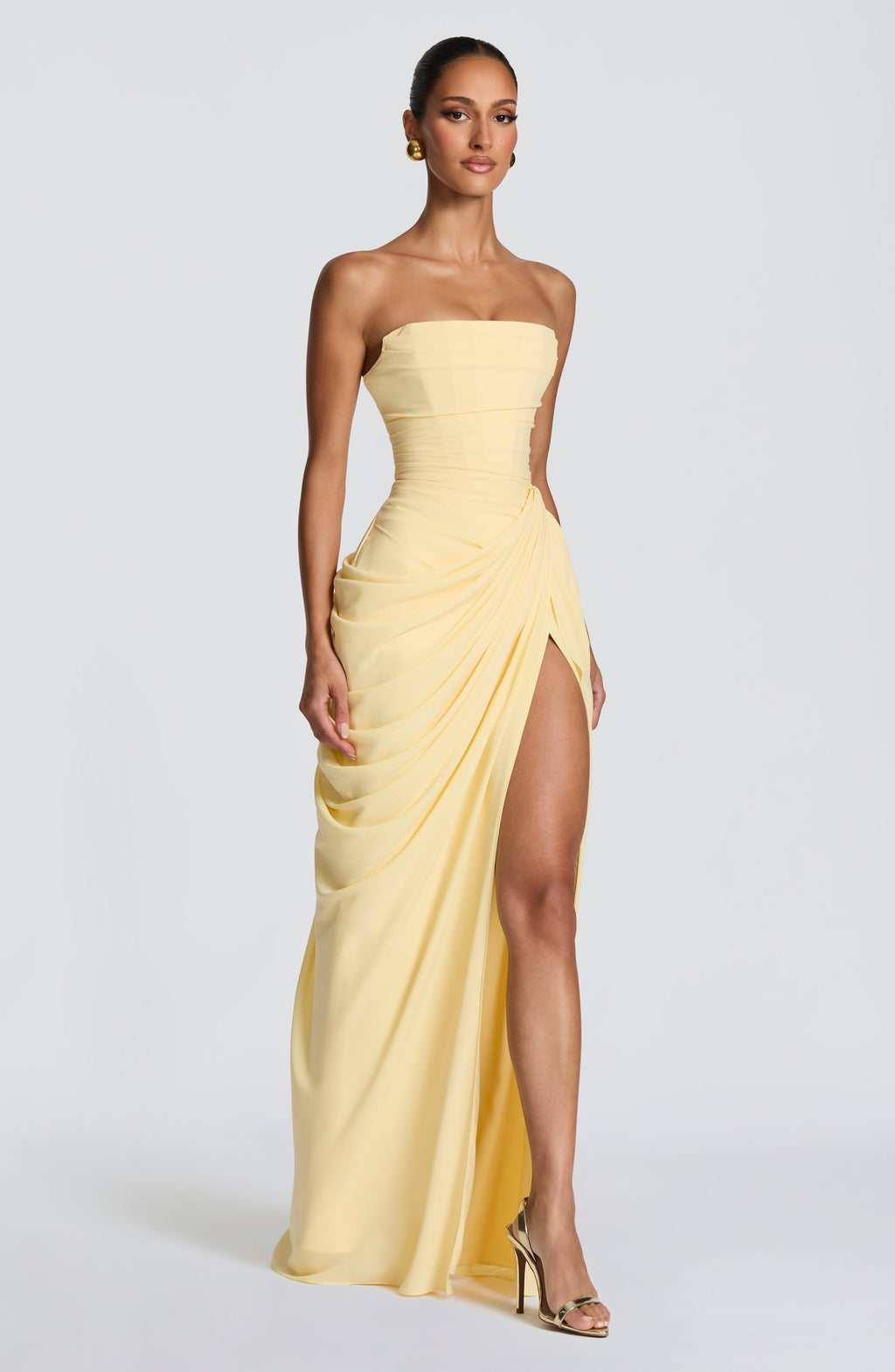 Strapless Maxi Dress with Ruched Waist and Side Slit