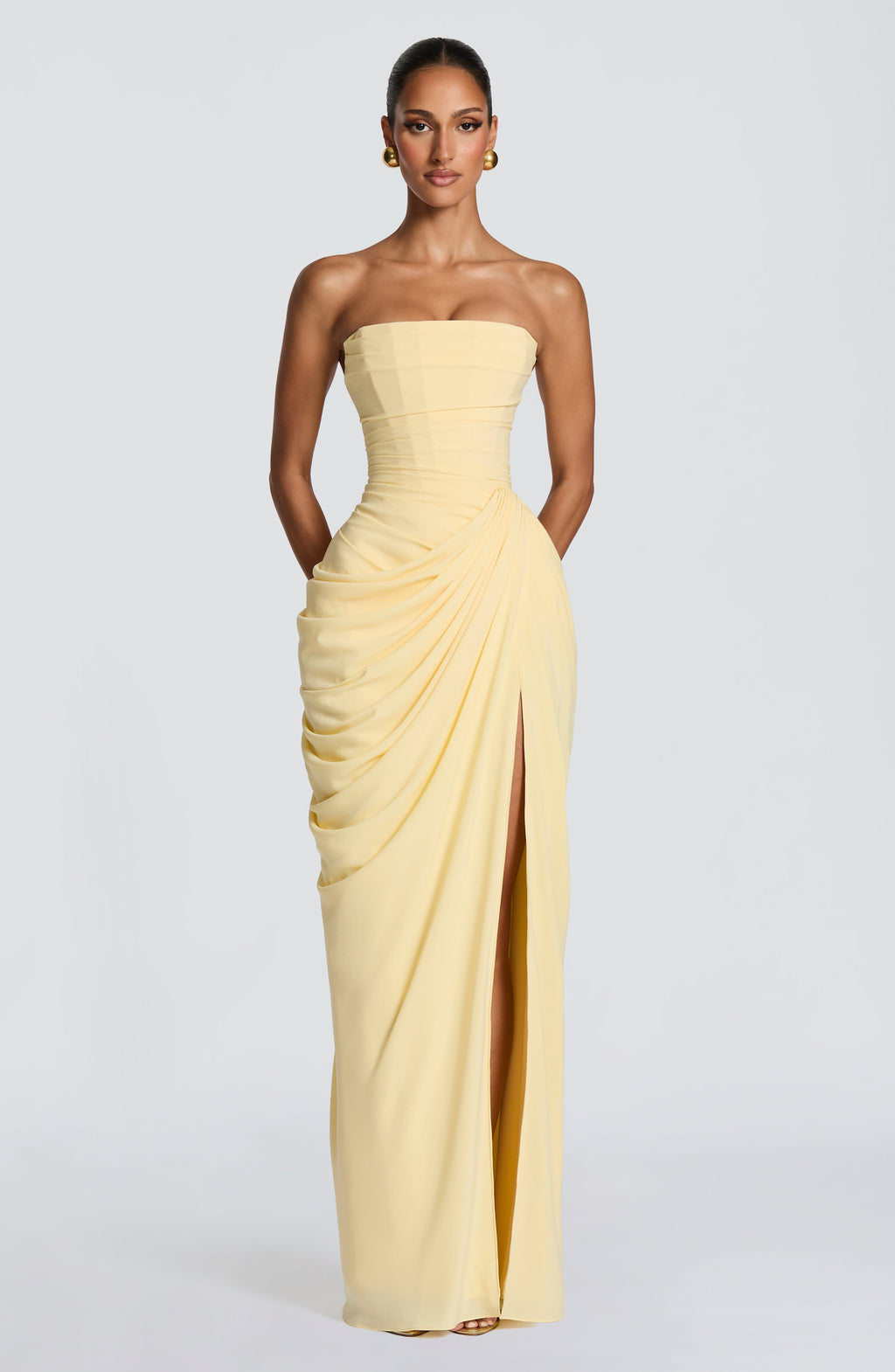 Strapless Maxi Dress with Ruched Waist and Side Slit