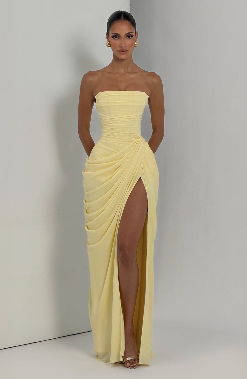 Strapless Maxi Dress with Ruched Waist and Side Slit