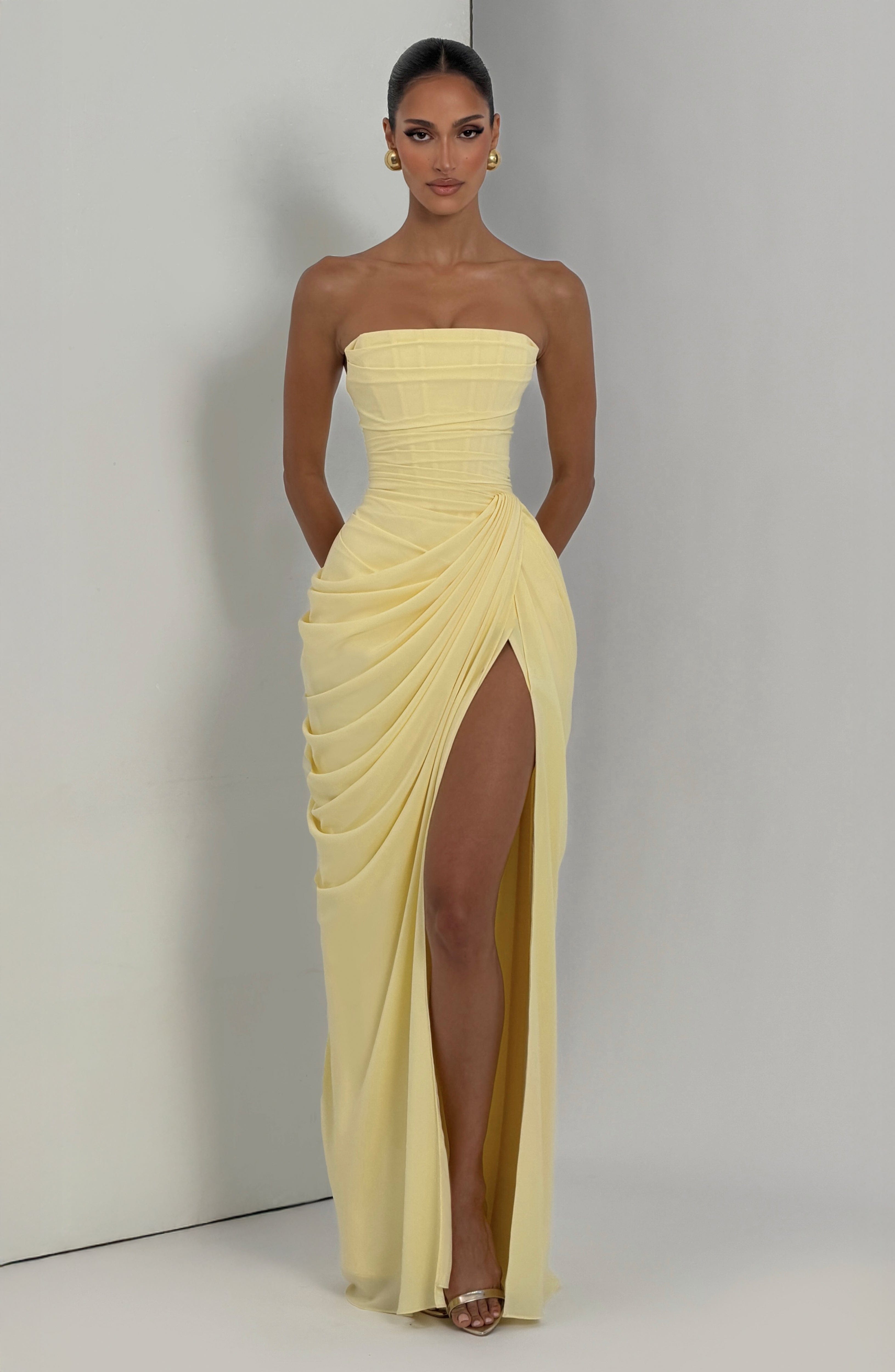Strapless Maxi Dress with Ruched Waist and Side Slit