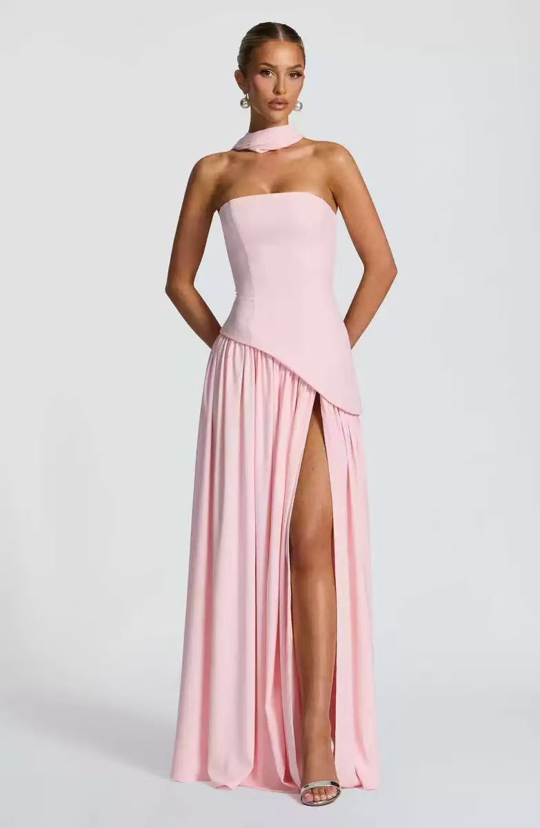 Strapless Maxi Dress with Pleated Skirt and Matching Shawl