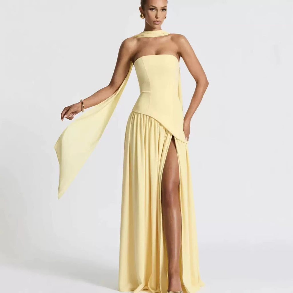 Strapless Maxi Dress with Pleated Skirt and Matching Shawl