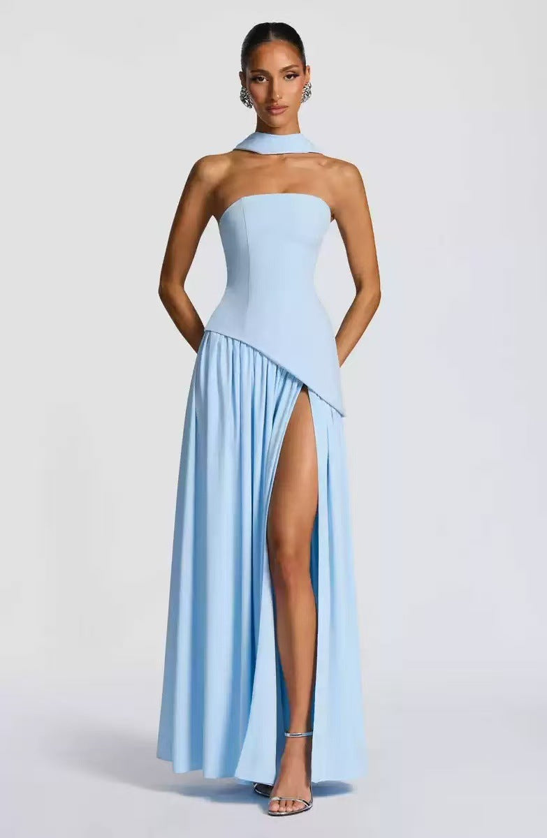 Strapless Maxi Dress with Pleated Skirt and Matching Shawl
