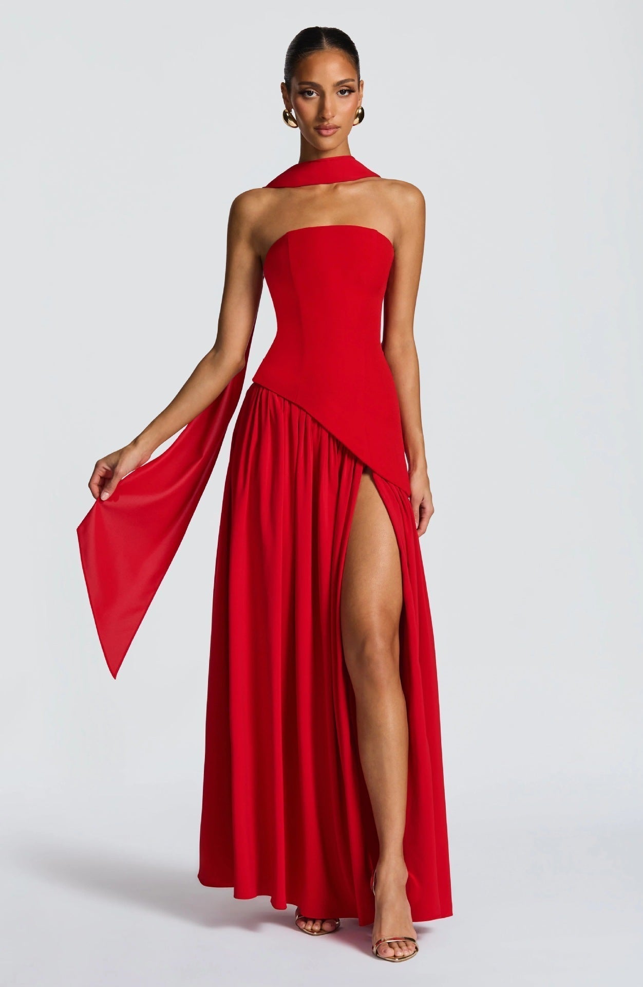 Strapless Maxi Dress with Pleated Skirt and Matching Shawl