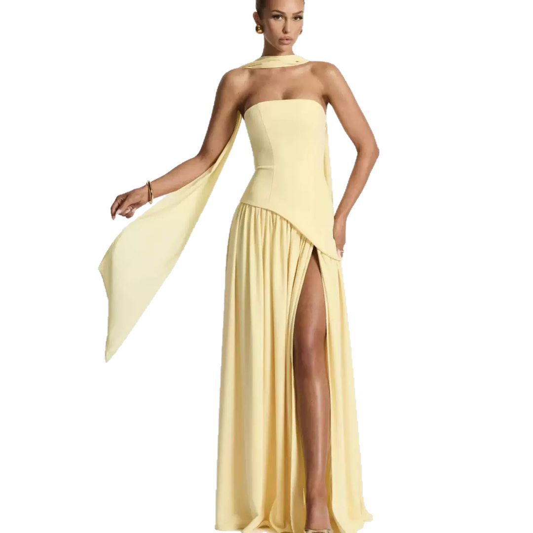 Strapless Maxi Dress with Pleated Skirt and Matching Shawl