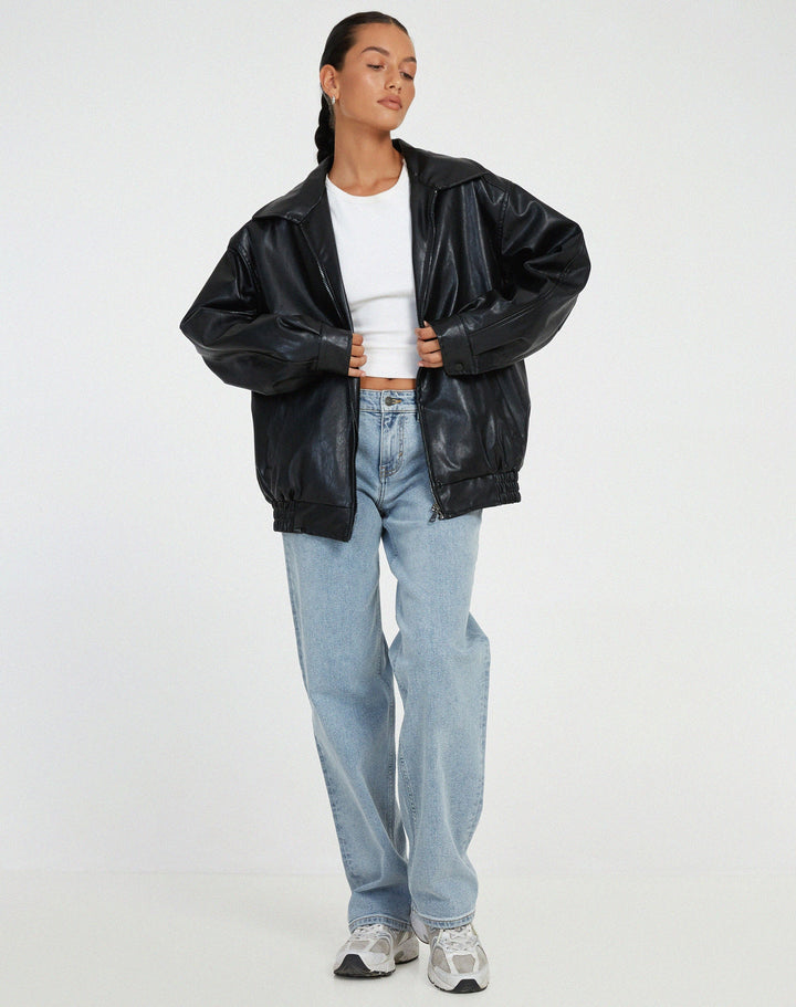 Oversized Faux Leather Jacket with Loose Cut