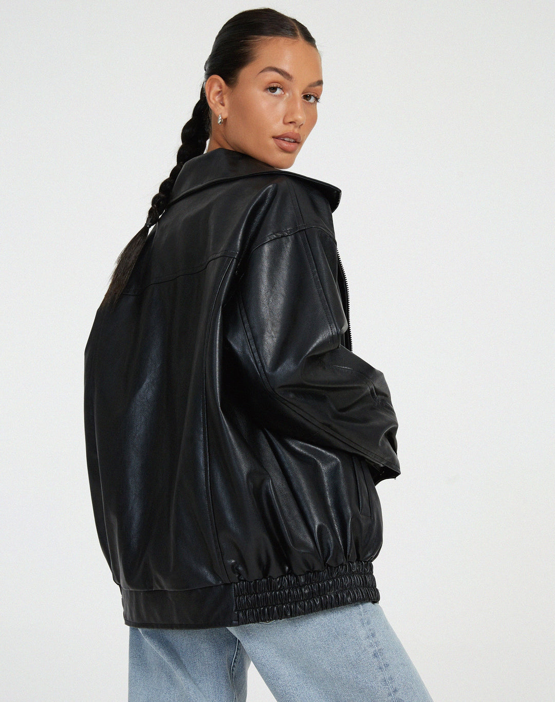 Oversized Faux Leather Jacket with Loose Cut