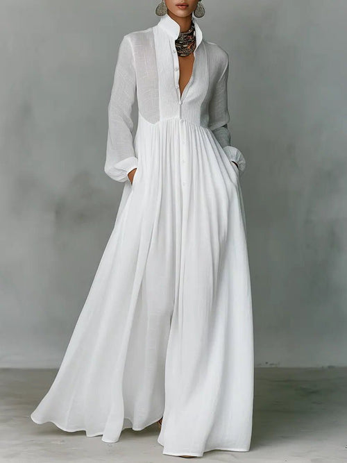 Linen Blend Maxi Shirt Dress with Stand Collar and Pockets