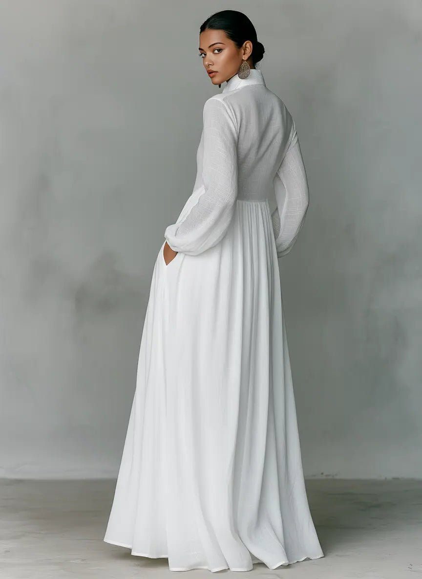 Linen Blend Maxi Shirt Dress with Stand Collar and Pockets