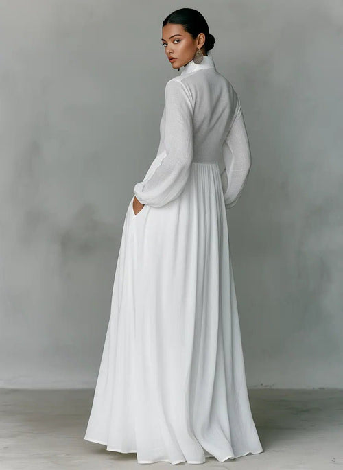 Linen Blend Maxi Shirt Dress with Stand Collar and Pockets