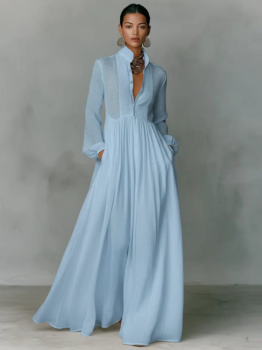 Linen Blend Maxi Shirt Dress with Stand Collar and Pockets
