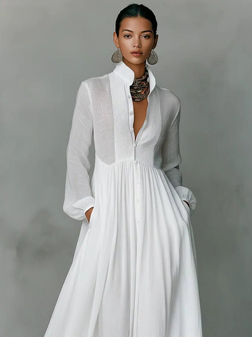 Linen Blend Maxi Shirt Dress with Stand Collar and Pockets