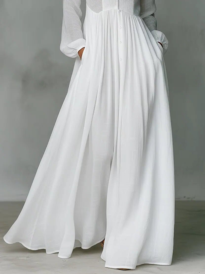 Linen Blend Maxi Shirt Dress with Stand Collar and Pockets