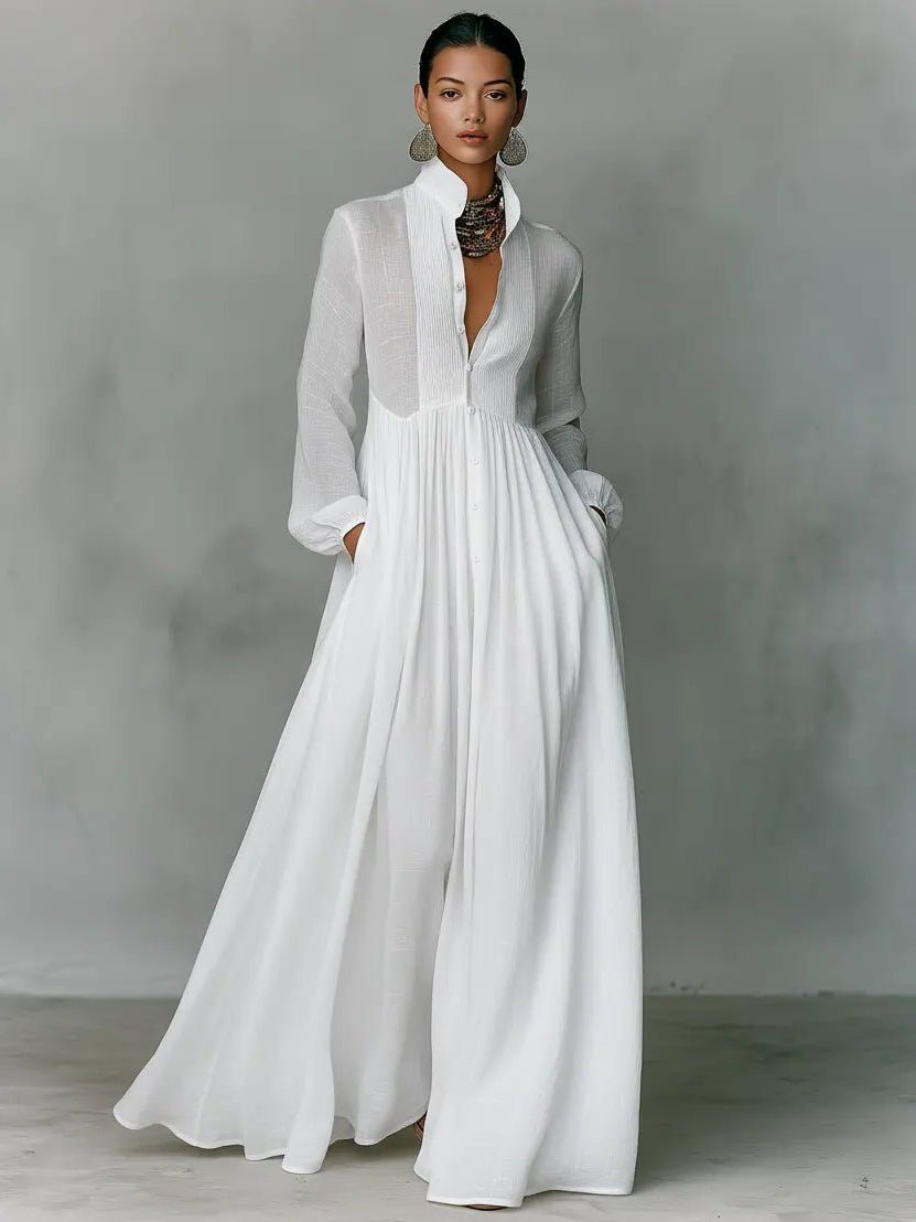 Linen Blend Maxi Shirt Dress with Stand Collar and Pockets