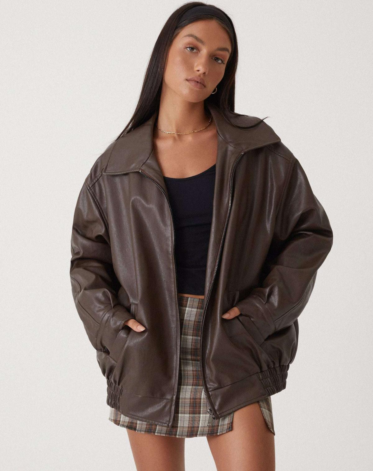 Oversized Faux Leather Jacket with Loose Cut