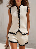 Linen Blend Set with Scalloped Edge and Button Front